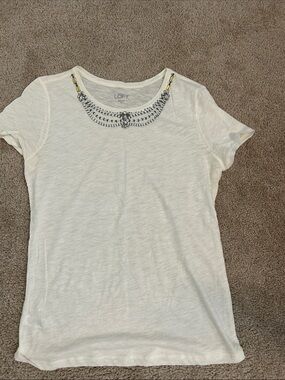 LOFT Cream Short-Sleeve Tee with Beaded Neckline